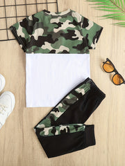 Boys Camo Outfit Set, Round Neck T-shirt & Pants, Kids Summer Clothing
