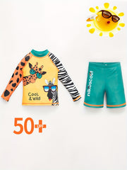 Boy's Cartoon Zoo Swimsuit Set with Swimming Cap