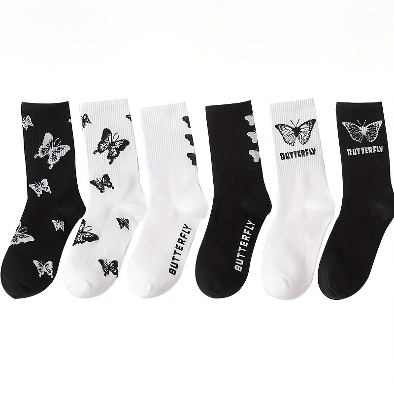 6 Pairs Butterfly Print Socks Mid Tube Women's Stockings
