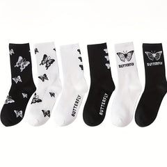 6 Pairs Butterfly Print Socks Mid Tube Women's Stockings