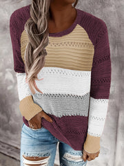 Block Crochet Knit Sweater Casual Crew Neck Long Sleeve Sweater