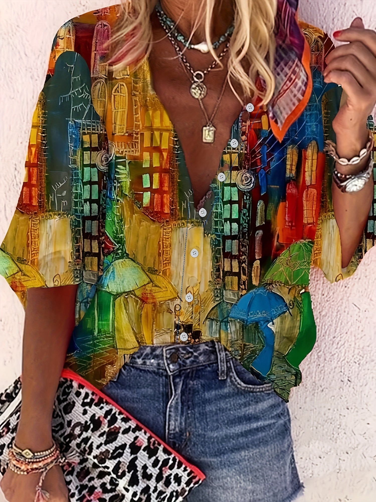 Painting Print Button Up Long Sleeve Blouse