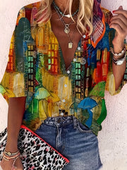 Painting Print Button Up Long Sleeve Blouse