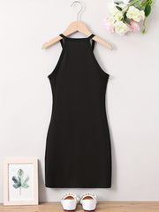 Teen Girls Halter Bodycon Dress Slim Fit Ribbed Button Detail