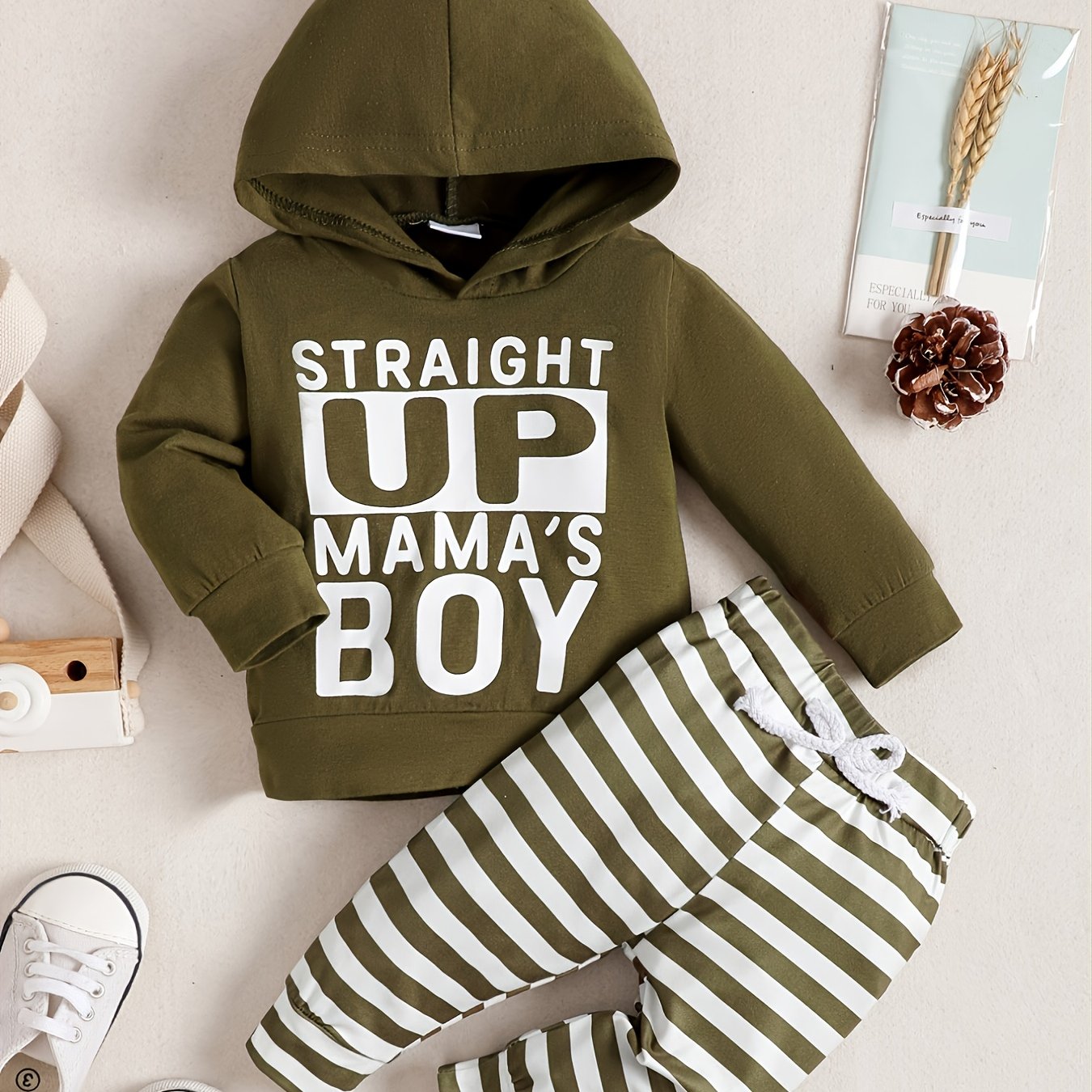2pcs Boys Hoodies Sweatpants Set Letter Print Long Sleeve Hooded Sweatshirt Stri