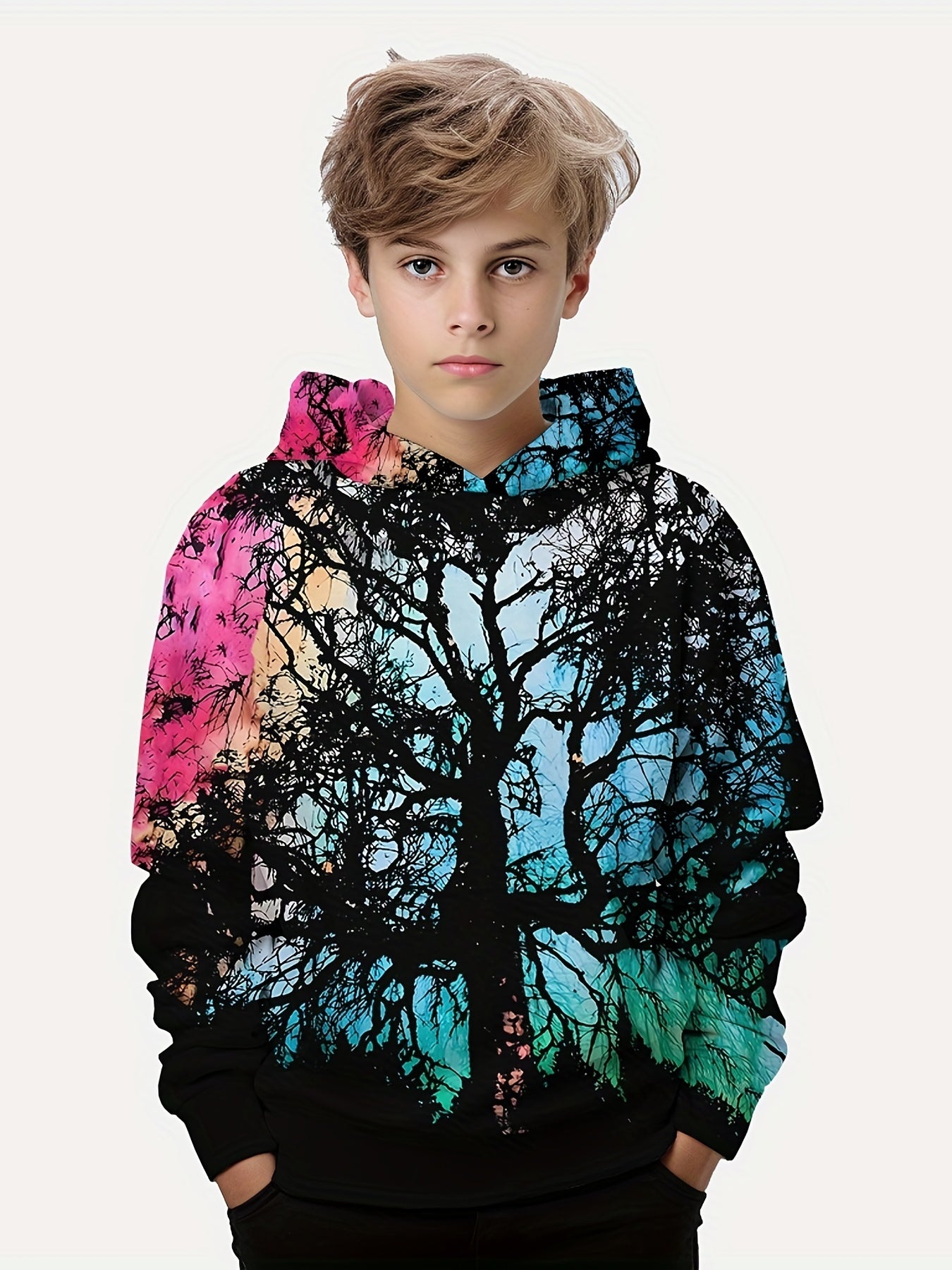 Tree 3D Print Boys Casual Hooded Sweatshirt For Spring Fall