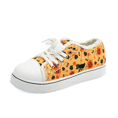 Women's Pumpkin & Cat Print Flats Halloween Lace Up Low Top Canvas Sneakers