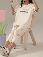 Floral Print Pajamas Set Short Sleeve Crew Neck Top & Crop Pants