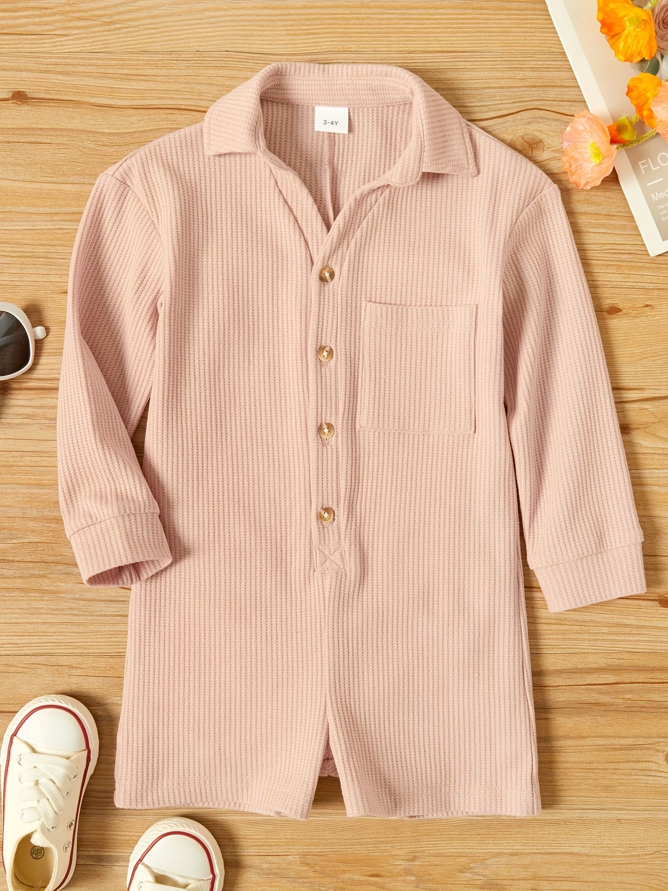 Baby Girls Cotton Linen Rompers Collared Long Sleeve Shorts Romper