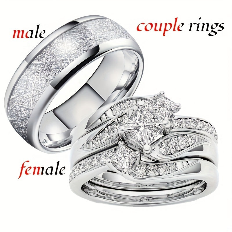 Classic Silver Stainless Steel Matching Ring With Sapphire Zircon Size 5-11