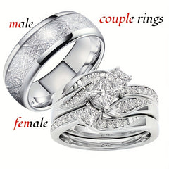 Classic Silver Stainless Steel Matching Ring With Sapphire Zircon Size 5-11