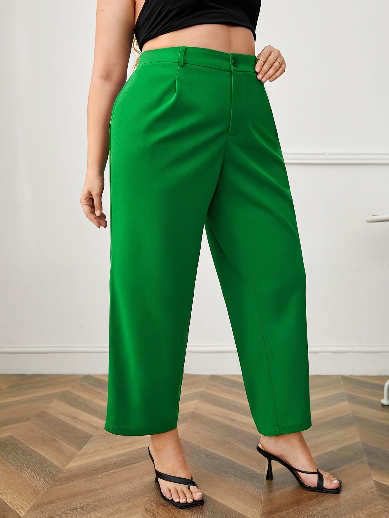 Plus Size Button Front Straight Leg Trousers