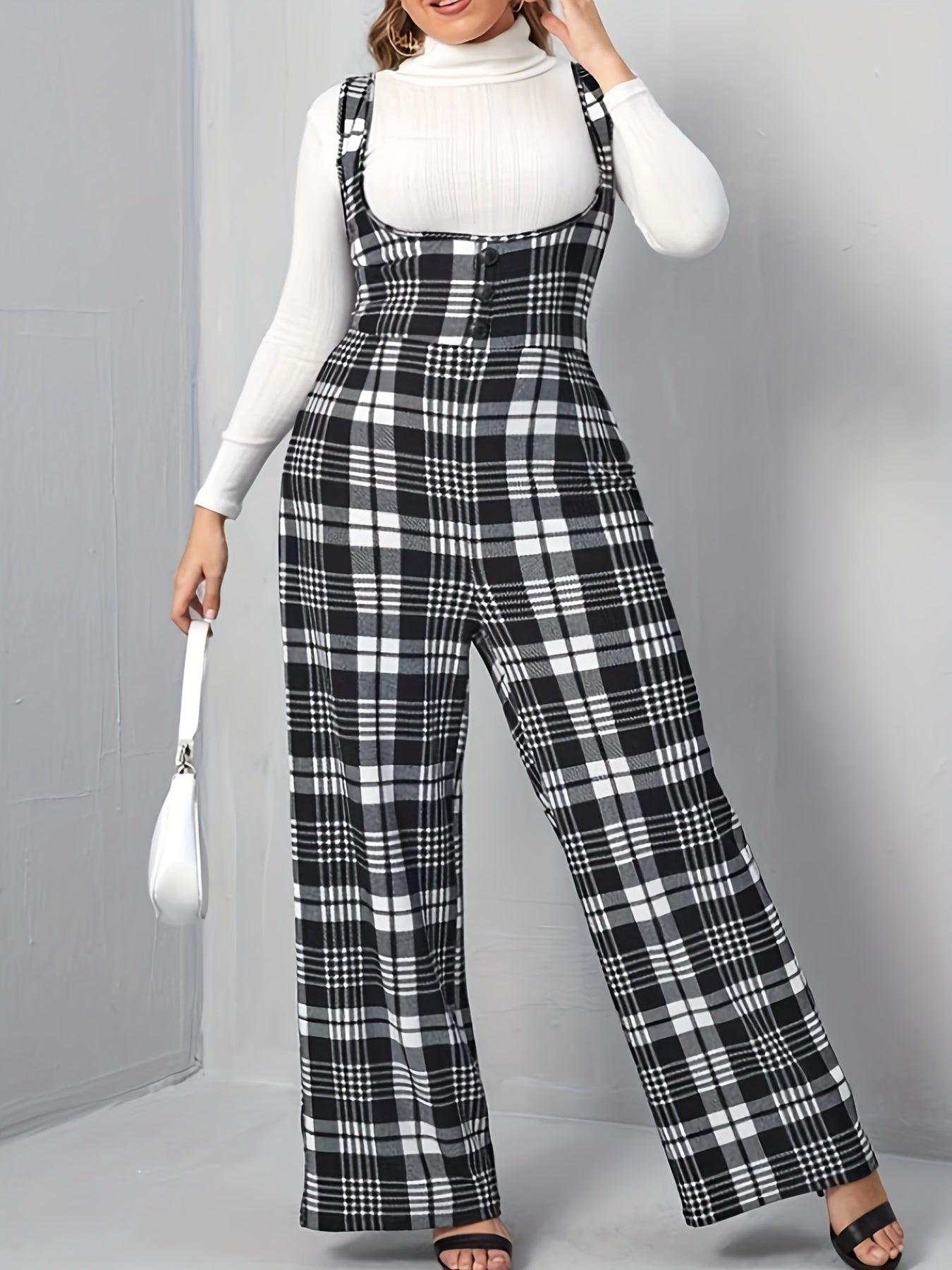 Plaid Overall Straight Leg Jumpsuit Button Decor