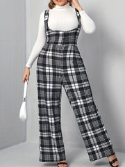 Plaid Overall Straight Leg Jumpsuit Button Decor