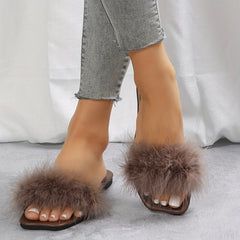 Women's Faux Fur Slippers Square Open Toe Slip On Shoes