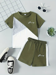 Boys 2pcs Block T shirt & Shorts Set Kids Casual Summer