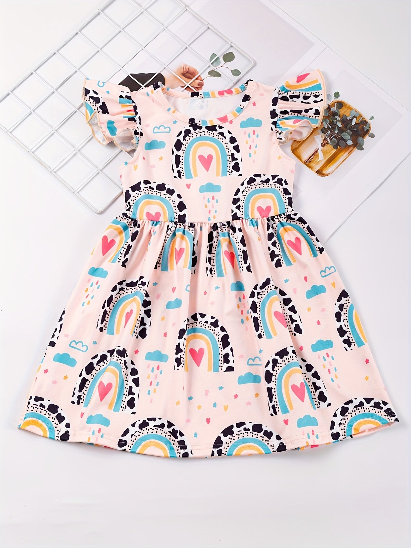 Girls Casual Rainbow Print Dress Summer Kids Clothes