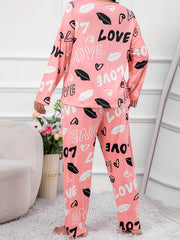 Kiss & Heart Print Tee & Pants Pajamas Lounge Set