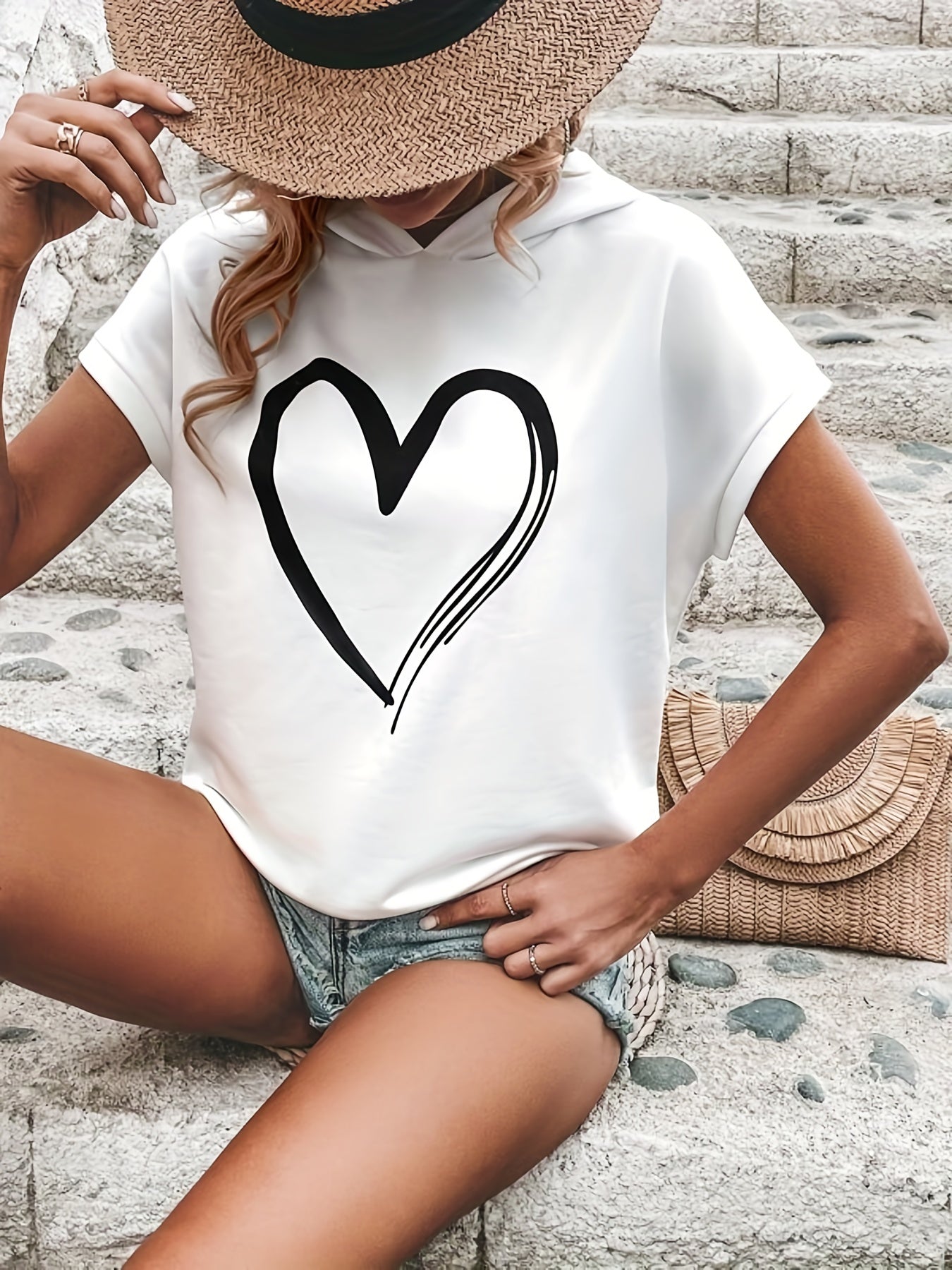 Heart Print Short Sleeve Hoodie Casual Hoodies Sweatshirt