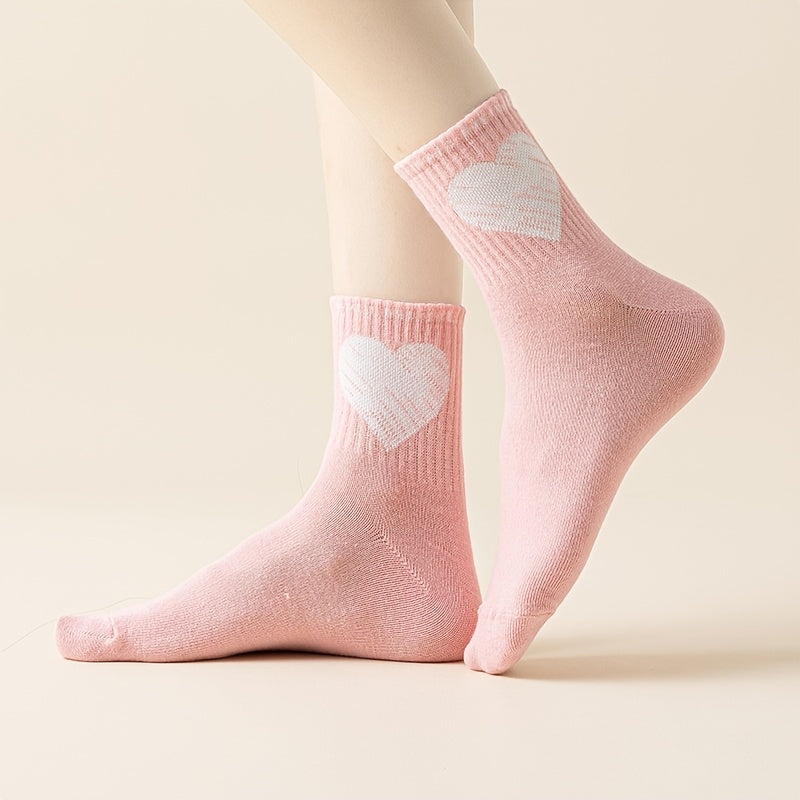 Heart Print Mid Tube Socks, 6 Pairs