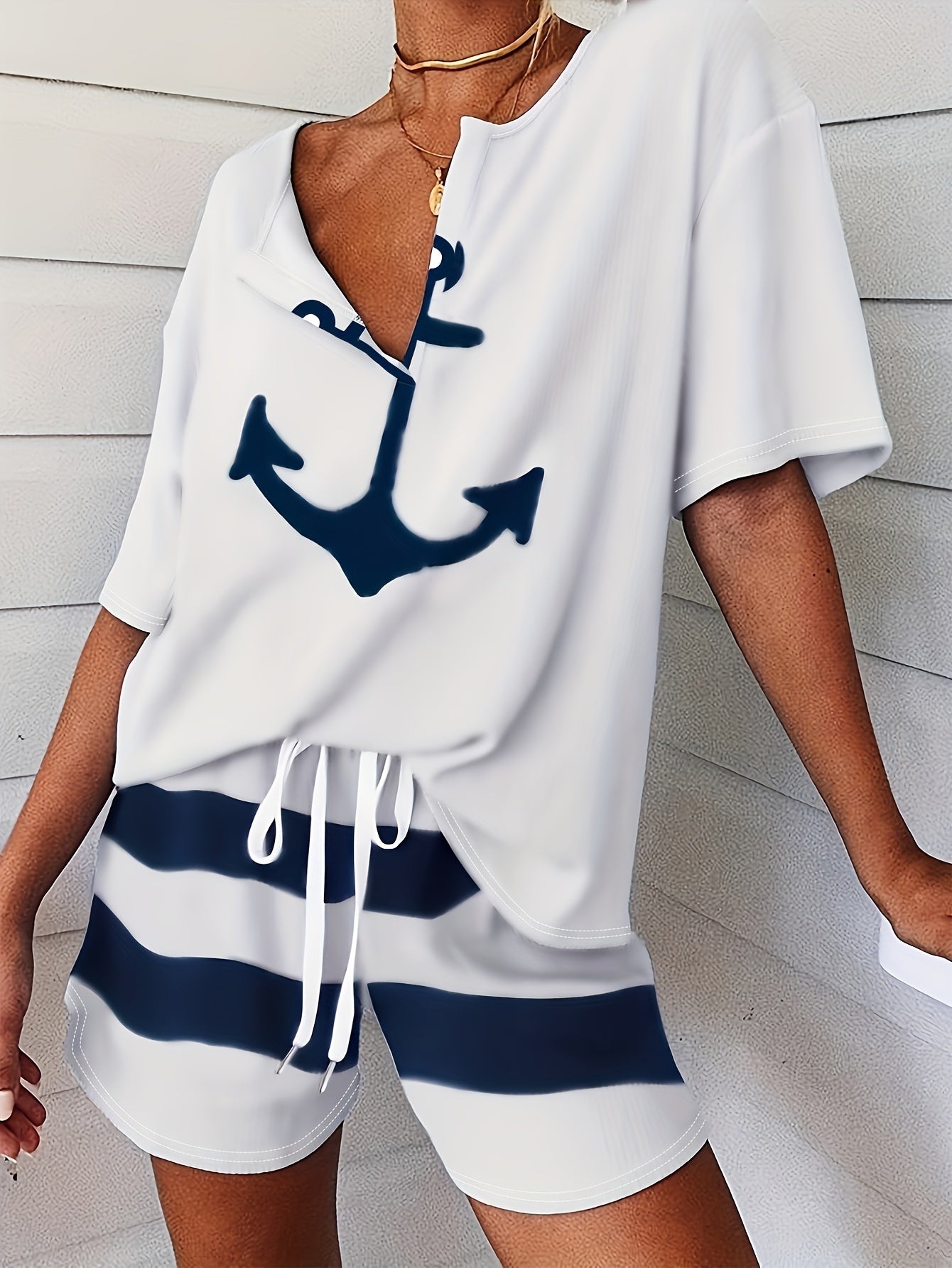 Striped Print Lounge Set V Neck Short Sleeve Top & Lace Up Shorts