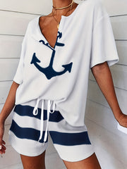 Striped Print Lounge Set V Neck Short Sleeve Top & Lace Up Shorts