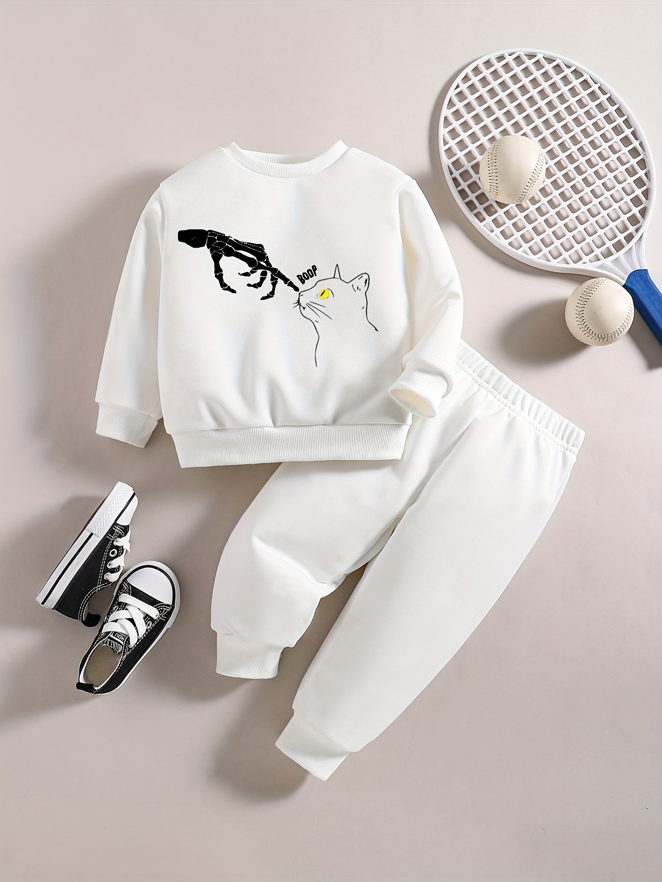 Skull Kitty Graphic Halloween Outfit Baby Boy Casual Set