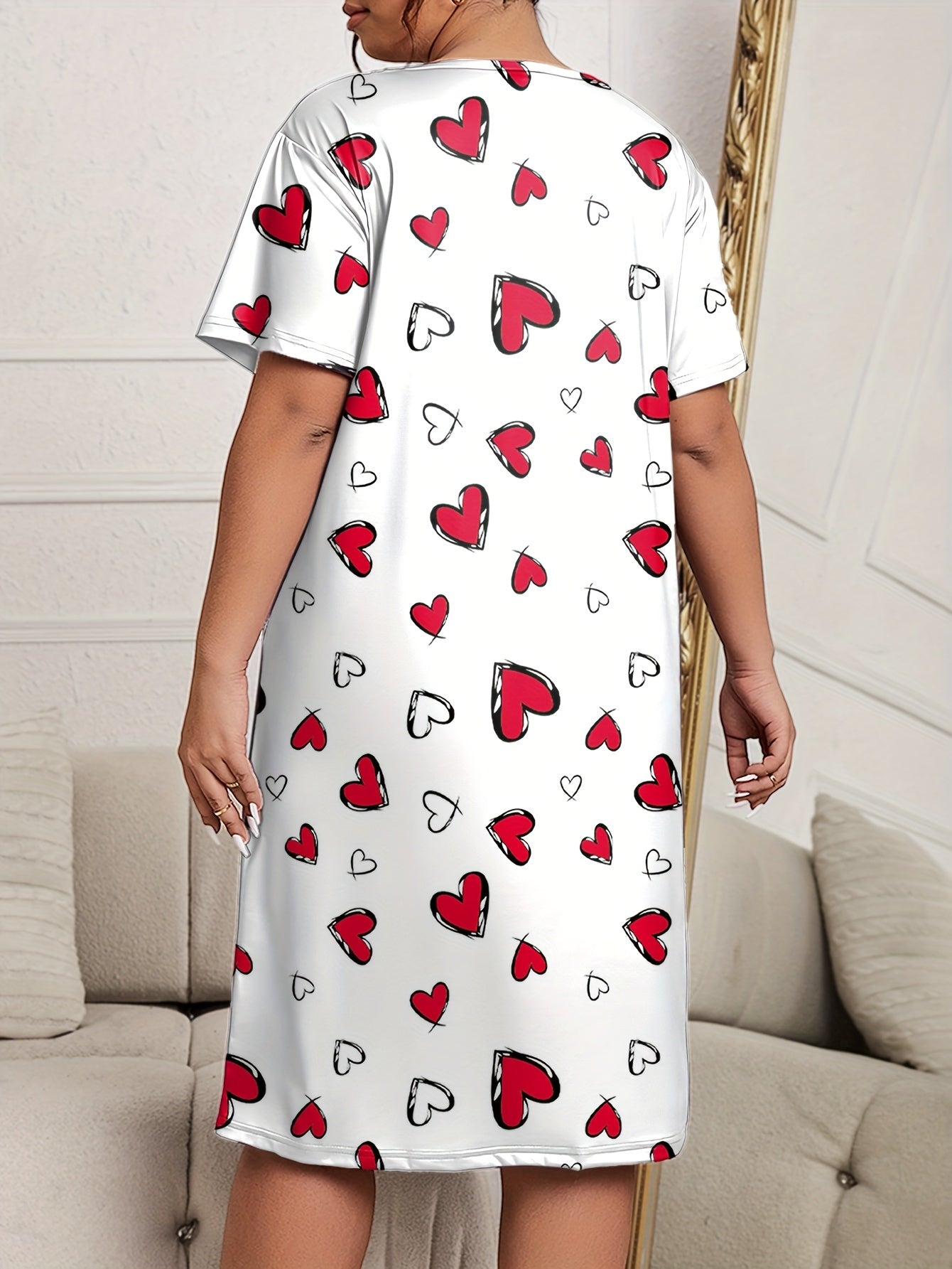 Casual Nightdress Women's Plus Heart Print Short Sleeve Medium Stretch