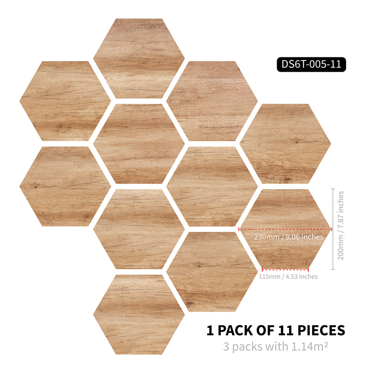 11pcs Wood Grain Self Adhesive Hexagonal Floor Stickers Waterproof