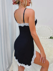 Lace Stitching Slip Nightdress V Neck Side Split Spaghetti Strap Sleep Dress