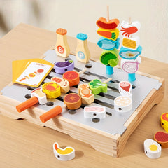 Wooden BBQ Grill Playset with Realistic Food Toys