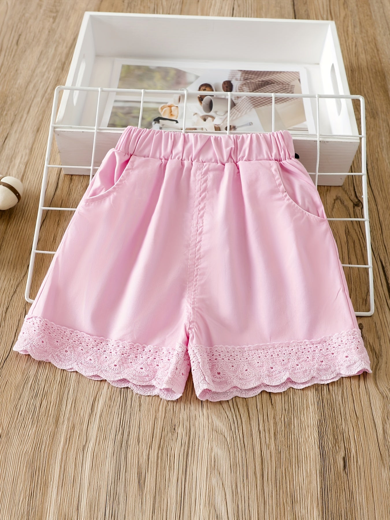 2PCS Toddler Girls Lace Trim Elastic Waist Bow Pocket Casual Shorts