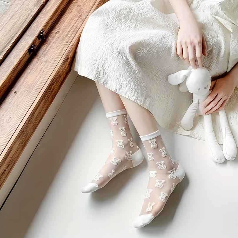 Cartoon Bear Print Sheer Mesh Socks Women's Stockings