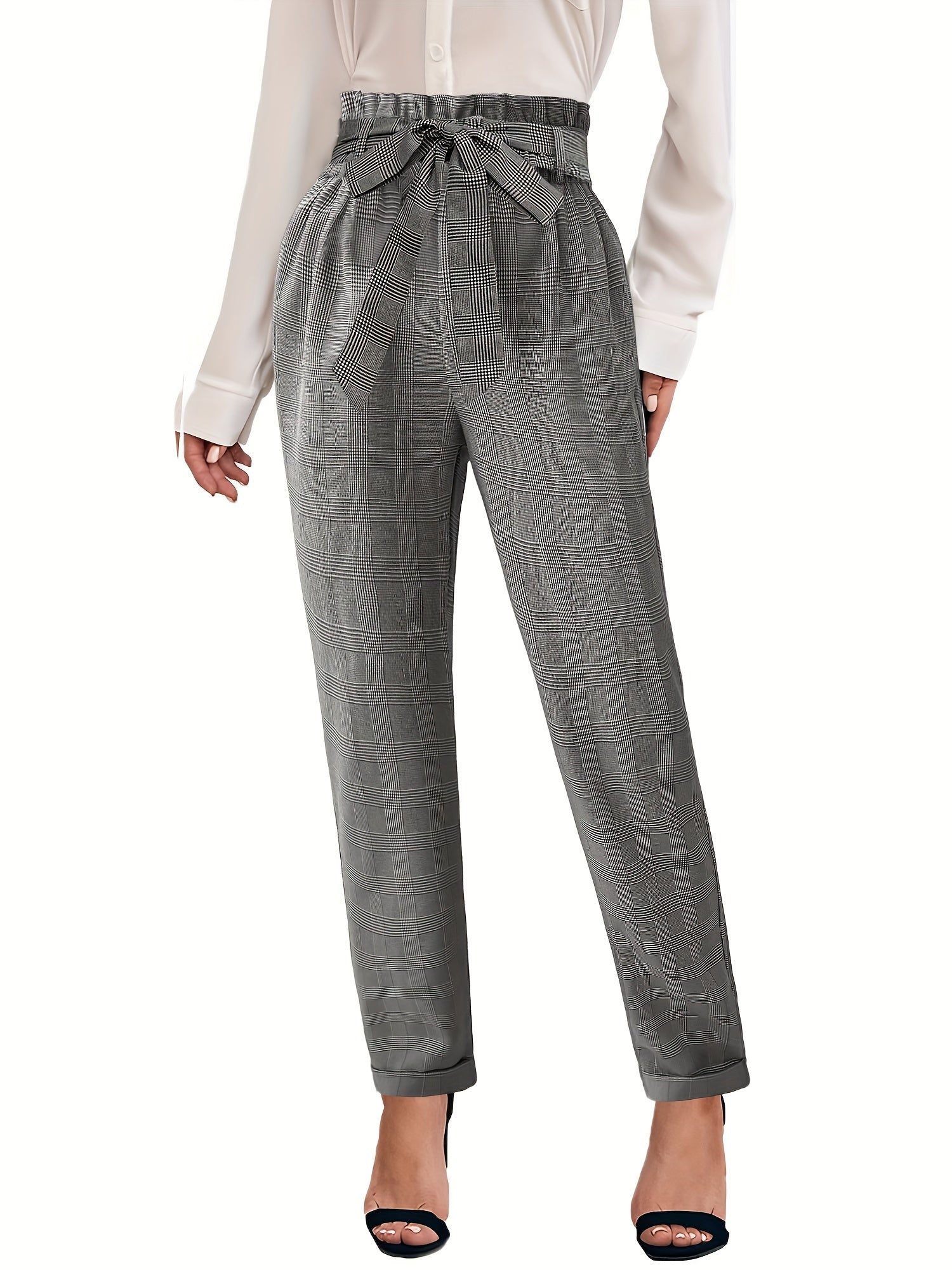 Plaid Print Belted Tapered Pants Paper Bag Waist