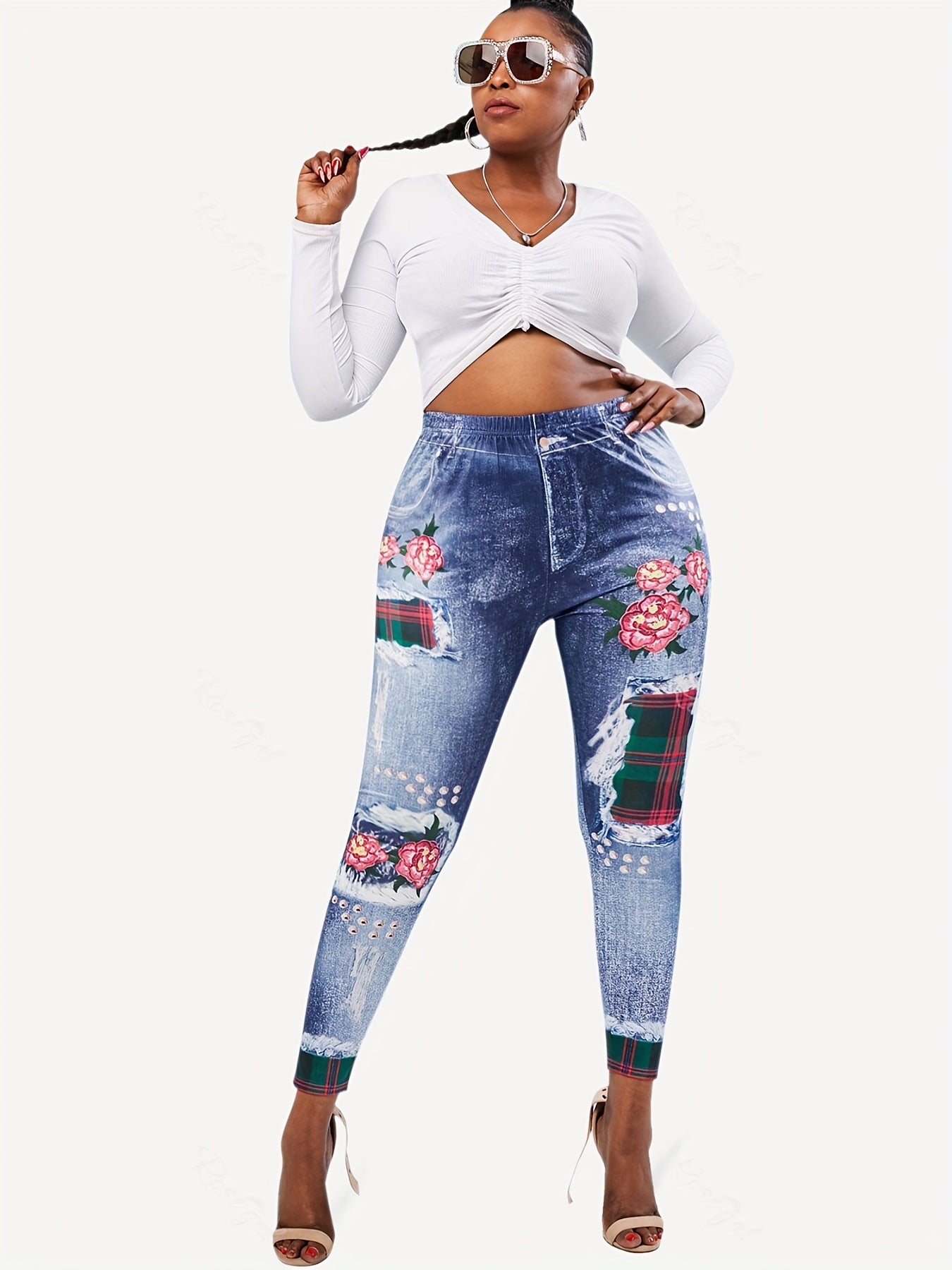 Denim Plaid Flower Print Leggings Medium Stretch