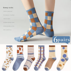 6 Pairs Cartoon College Style Socks Ribbed Mid Tube Stockings