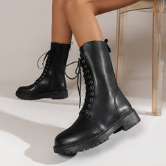 Women's Faux Leather Lace Up Platform Boots Mid Calf Side Zipper Boots