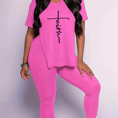 Letter Print Matching Two piece Set Short Sleeve T shirt & Casual Leggings