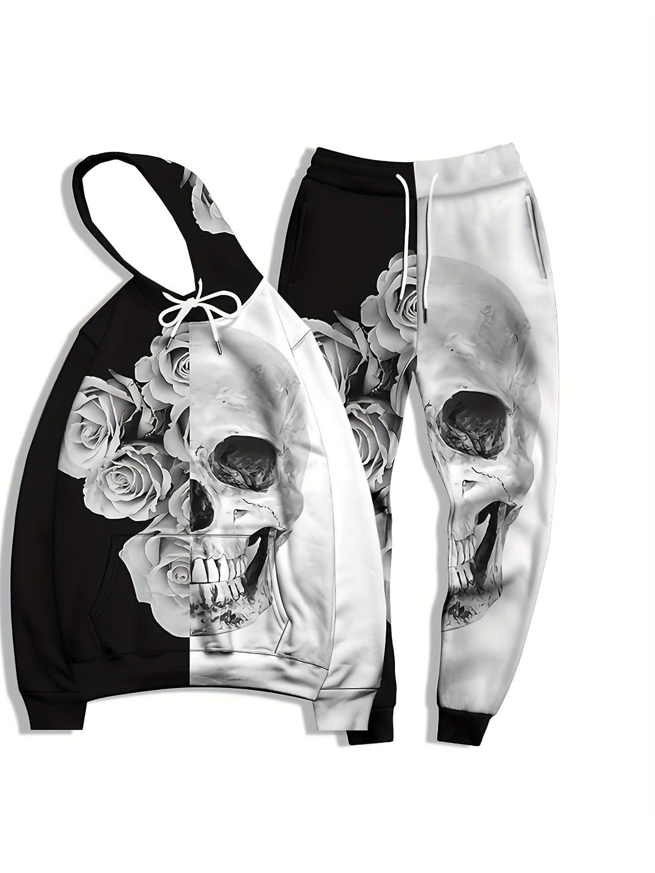 Skull & Roses Print Men's Hoodie & Sweatpants Set for Autumn Winter