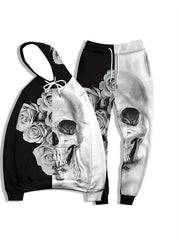 Skull & Roses Print Men's Hoodie & Sweatpants Set for Autumn Winter