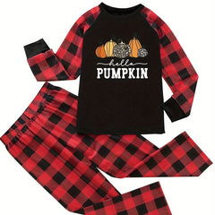 Pumpkin & Plaid Print Raglan Sleeve Pajamas Set