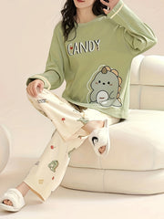 Dino Print Pajama Set Long Sleeve Top & Pants Women's Sleepwear