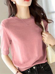 Half Sleeve Knit Sweater Crew Neck Solid Sweater For Spring & Summer