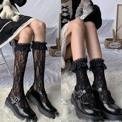 Lace Mesh Ruffle Calf Socks Lolita Knee High Socks Women's Stockings