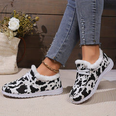 Cow Print Plush Lined Flat Skate Shoes Fall Winter Keep Warm