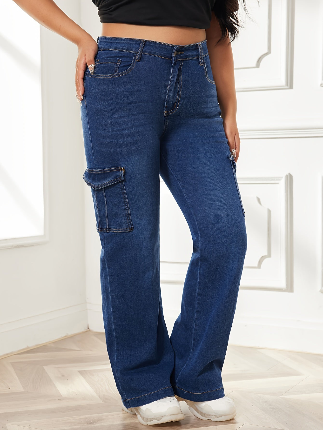 Washed Button Fly High Rise Wide Leg Cargo Jeans