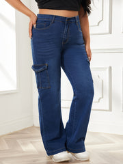 Washed Button Fly High Rise Wide Leg Cargo Jeans