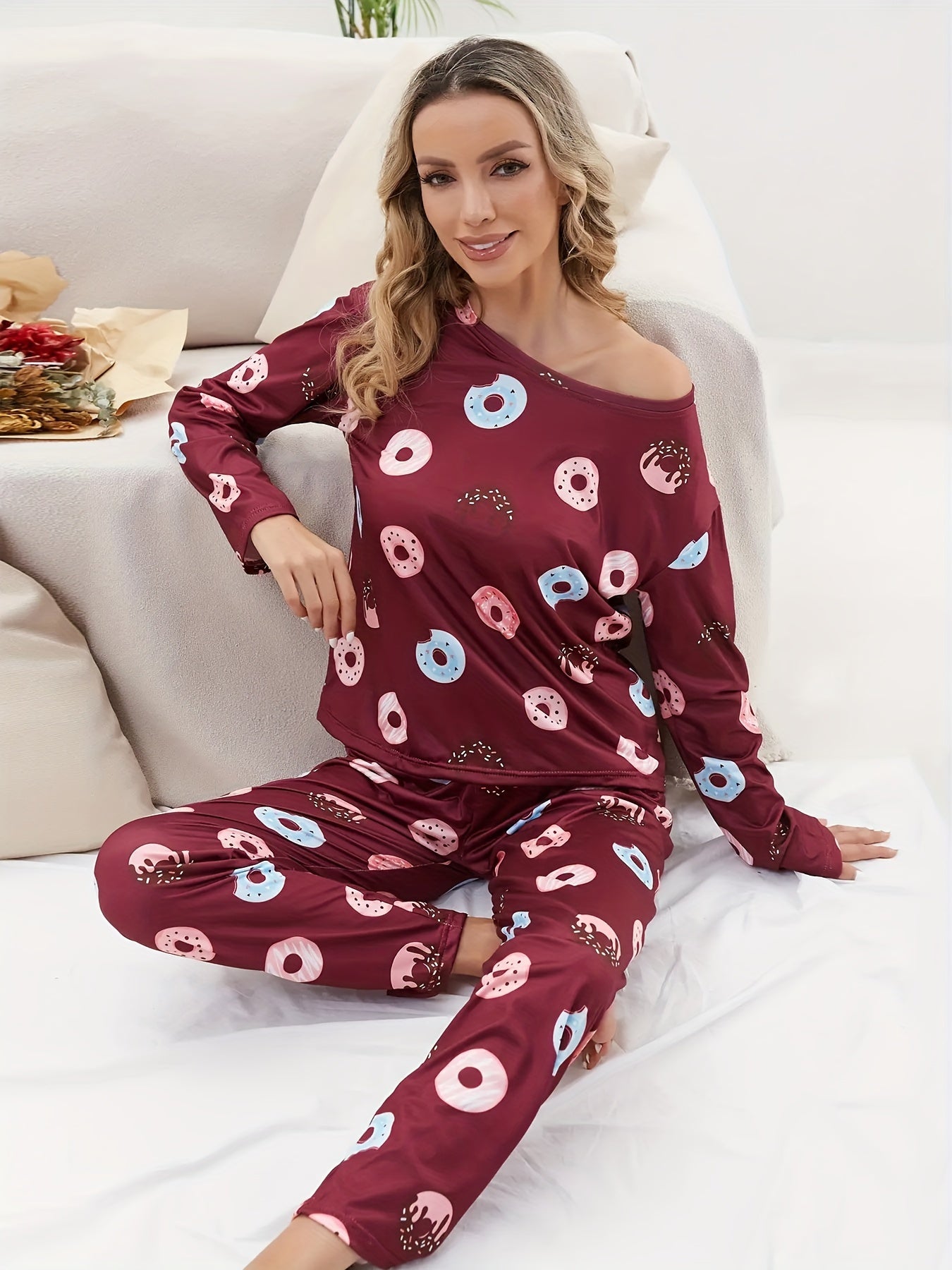Donut Print Pajama Set Long Sleeve Crew Neck Top & Elastic Waistband Pants