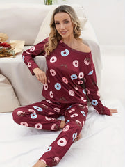 Donut Print Pajama Set Long Sleeve Crew Neck Top & Elastic Waistband Pants