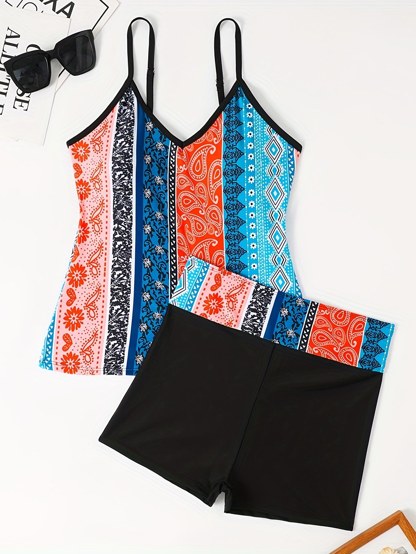 Striped Print V Neck Spaghetti Straps Tankini Swimsuit